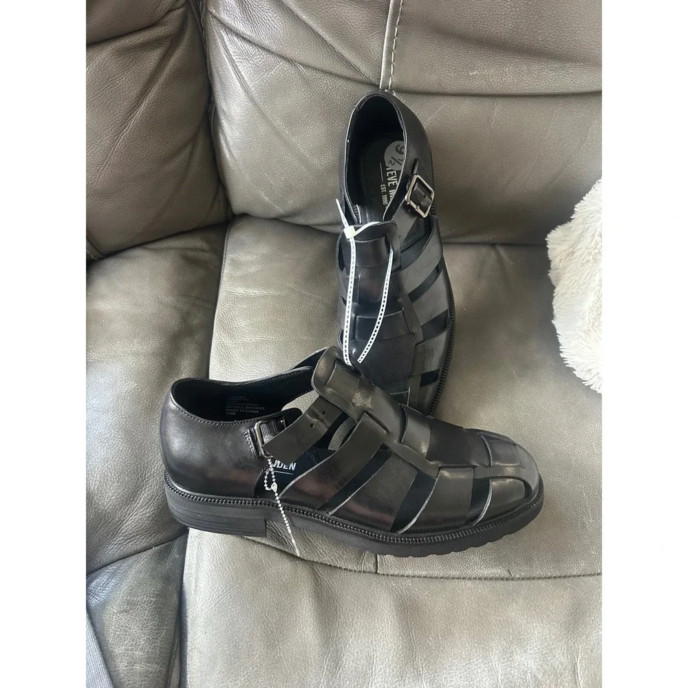 Steve Madden Havana Mens Black Leather Fisherman Sandals Lug Sole Buckle 9.5